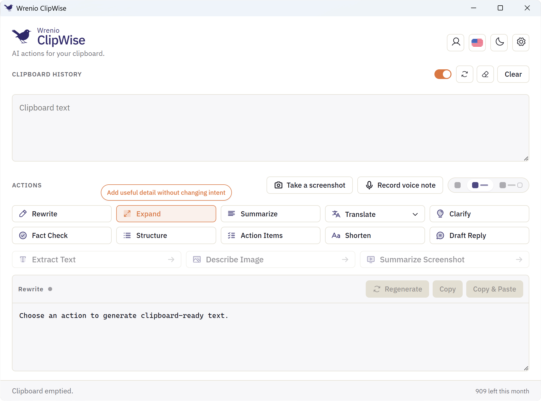 ClipWise window showing image actions on a captured screenshot
