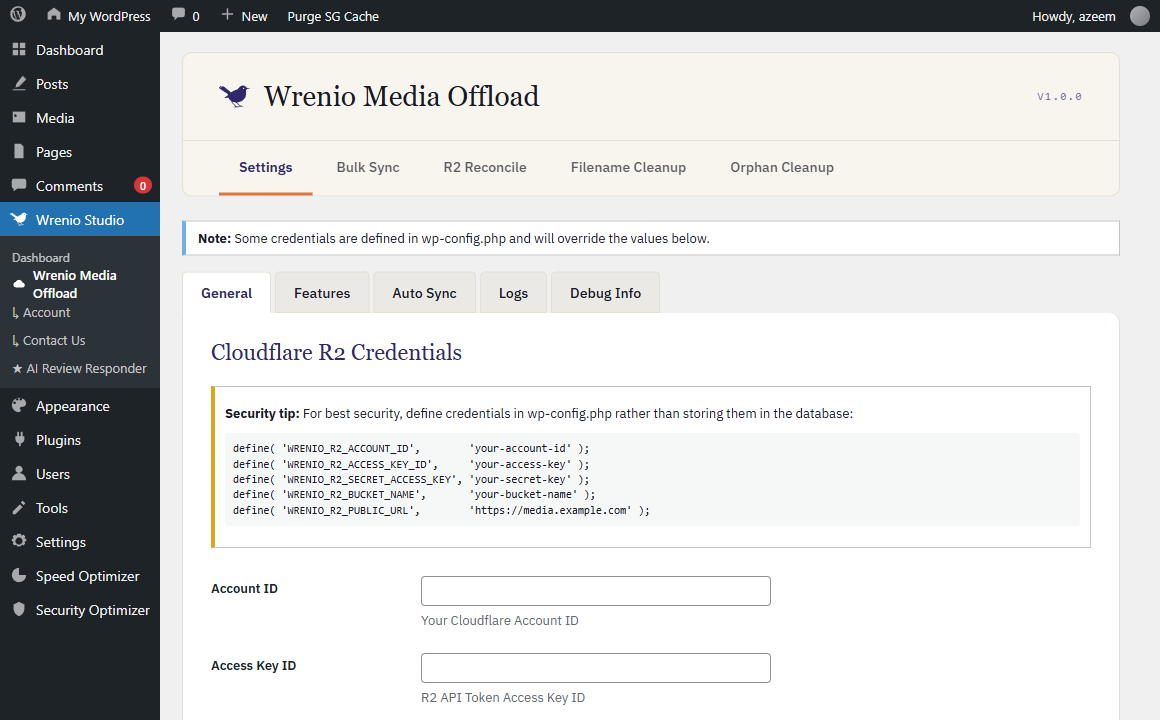 Wrenio Media Offload — WordPress admin settings for Cloudflare R2