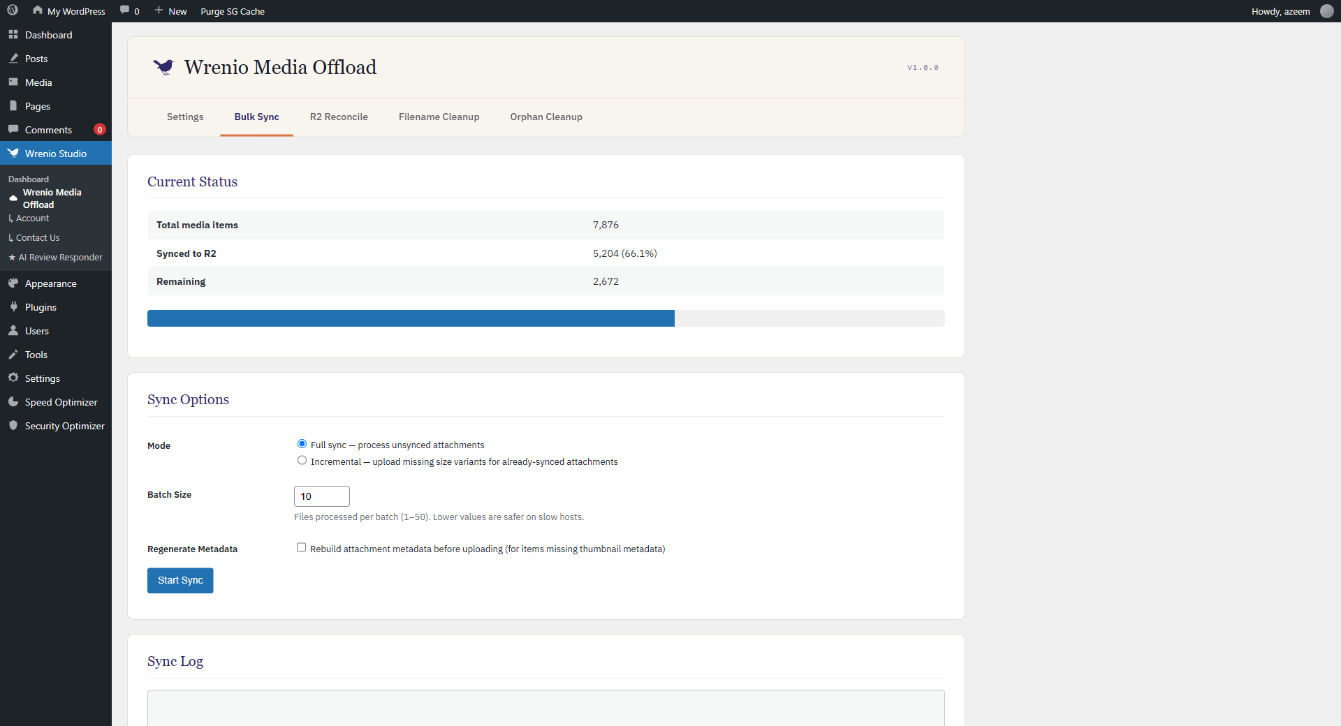 Wrenio Media Offload — Bulk Sync tab showing sync progress and options